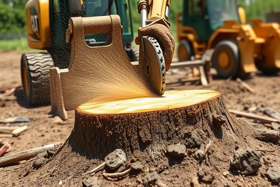 heavy-duty stump cutting, powerful, sawing through wood, photorealistic, construction site with machinery, highly detailed, sawdust flying, 4k resolution, metallic and wooden textures, harsh noon light, shot with a telephoto lens