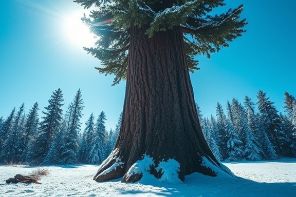 massive fir tree, focused, being felled, photorealistic, snowy clearing with a clear blue sky, highly detailed, snow scattering, textured bark, cool blue and white, high contrast sunlight, shot with an 85mm prime lens