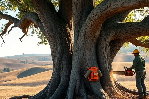 Aging Woodstock tree, stoic, cut down by lumberjacks, photorealistic, countryside setting with rolling hills, highly detailed, chainsaw in action with wood chips flying, earthy tones, dappled sunlight, shot with a 70-200mm lens.