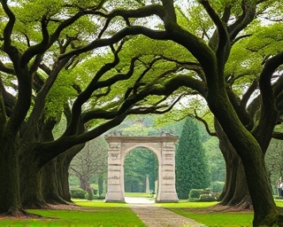 Ancient grove of trees, venerable and wise, recounting the rich history of an arboretum, photorealistic, situated in a sprawling arboretum with historical monuments, highly detailed, gentle sway of branches, ultra sharp, varied greens, morning mist light, shot with an 85mm portrait lens.