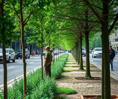 a landscape technician, engaged, maintaining a row of trees, photorealistic, along a city street with traffic in the distance, highly detailed, movement of pedestrians, wide-angle, mixed greens and grays, diffused light, shot with a 16-35mm lens