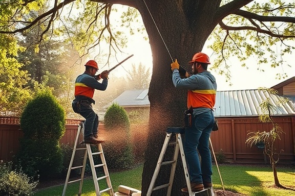 tree cutting, safety-conscious team, using ladders and saws, photorealistic, residential backyard with a garden, highly detailed, sawdust in the air, ISO 320, f/2.2, 1/640s, warm tones, dappled sunlight, shot with a 85mm lens.