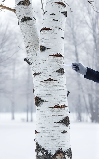 tall birch tree, being evaluated during winter, bark being inspected, photorealistic, standing alone in a snowy landscape, highly detailed, snowflakes falling, stark white and gray tones, cold, crisp light, shot with a zoom lens.