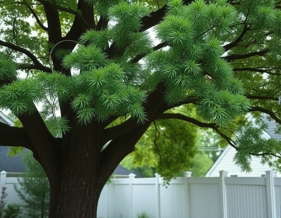 large oak tree, intense focus, being pruned, photorealistic, suburban backyard with a white fence, highly detailed, leaves fluttering in the wind, distinct branch texture, deep green hues, overcast soft light, shot with a 70-200mm telephoto lens