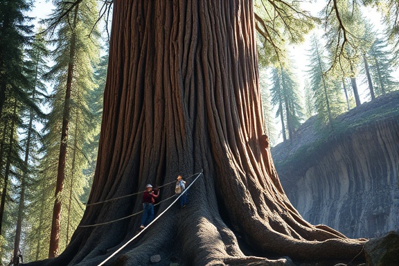 Towering Woodstock tree, majestic, cut into sections, photorealistic, forest edge near a cliff, highly detailed, team handling ropes, deep brown trunk, dappled lighting, shot with a telephoto zoom lens.