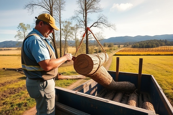 tree removal, attentive supervisor, directing a truck, photorealistic, rural area with open fields and mountains in the background, highly detailed, log being loaded, ISO 100, f/2.0, 1/1200s, natural colors, bright afternoon light, shot with a 20mm ultra-wide lens.