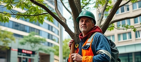 an urban arborist, vigilant, conducting tree maintenance, photorealistic, city square with modern buildings, highly detailed, shadows of branches, crisp and clear, vibrant urban colors, afternoon natural light, shot with a 50mm lens