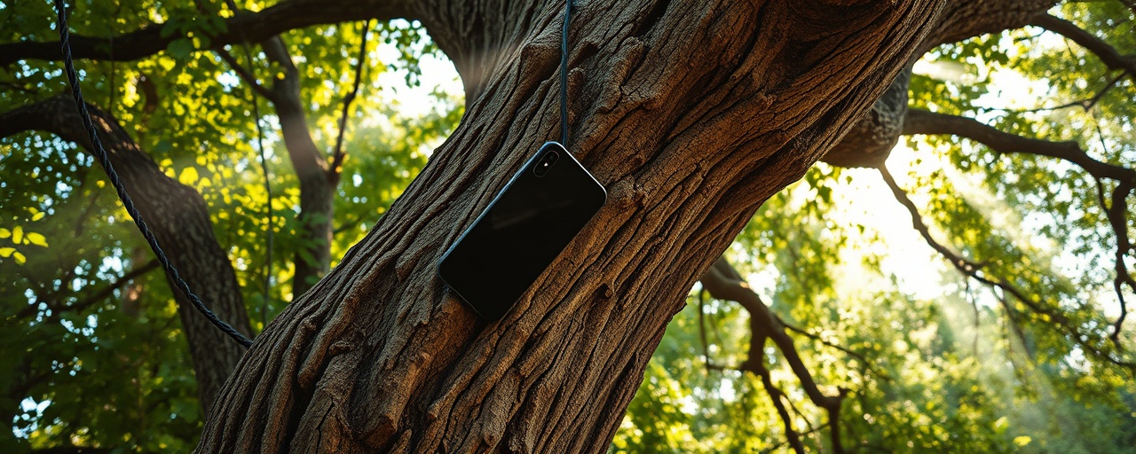 Intricate tree phone image, expressive tree bark, tree using a phone, photorealistic, dense woodland with sunbeams piercing through foliage, highly detailed, hanging phone cord swinging, close-up focus, earthy tones, backlit lighting, shot with a 100mm macro lens.