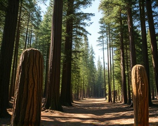 Seasoned forest giants, guardians of forestry traditions, illustrating sustainable forestry evolution, photorealistic, standing tall in a dense, managed forest area with visible logging trails, highly detailed, moving shadows, super high-resolution, earthy tones, dappled sunlight, shot with a 70-200mm telephoto lens.