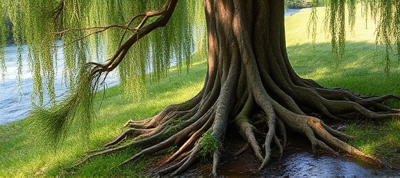 stout willow tree, forceful, being removed, photorealistic, grassy riverbank with flowing water, highly detailed, twigs snapping, complex root system, muted green and brown, dappled lighting, shot with a 16-35mm wide-angle lens