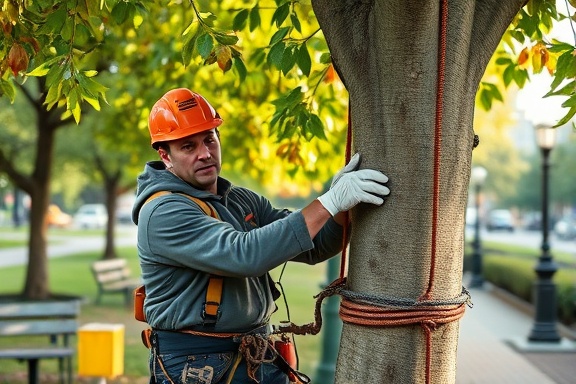 professional worker performing tree pruning, determined expression, climbing with ropes and harness, photorealistic, city park with benches and bird feeders, highly detailed, leaves rustling, vibrant greens and browns, early morning light, shot with a 35mm lens