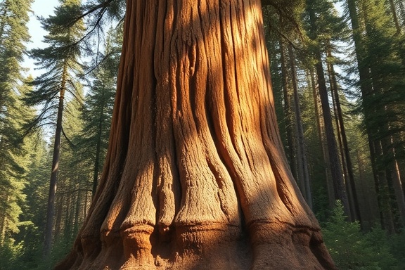 ancient sequoia tree, coordinated, being cleared, photorealistic, dense forest with undergrowth, highly detailed, sawdust in the air, intricate wood grain, earthy tones, filtered sun rays, shot with a 24-70mm zoom lens