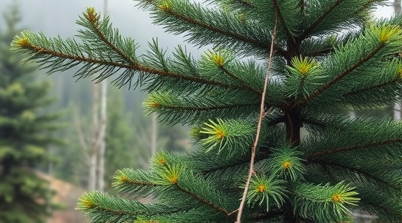 spruce tree, receiving a health evaluation, branches being sampled, photorealistic, in a mountainous area, highly detailed, mist in the air, rich green needles, overcast light, shot with a fixed lens.