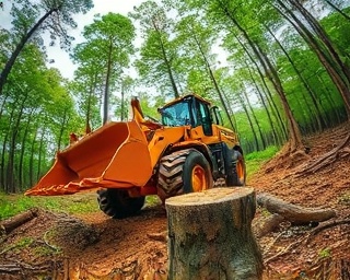 forest bulldozer, deforestation machinery, uprooting stumps, photorealistic, woodland area with machinery and displaced soil, highly detailed, leaves and branches flying, HDR, green and brown tones, filtered sunlight, shot with a fish-eye lens