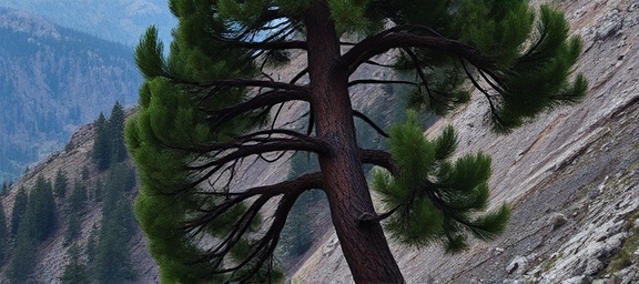 tall pine tree, strained, being felled, photorealistic, mountain slope with rugged terrain, highly detailed, branches snapping, intricate bark pattern, dark green and brown, twilight shadows, shot with a 50mm prime lens