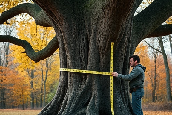 ancient oak tree, being assessed by an arborist, measuring trunk diameter, photorealistic, amidst a tranquil woodland, highly detailed, measuring tape fluttering, crisp autumn colors, soft morning light, shot with a macro lens.