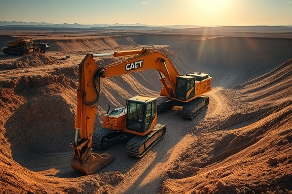 land excavation, mechanical diggers, moving earth, photorealistic, expansive site with deep trenches and piles of soil, highly detailed, sun glare on machinery, 8K quality, earthy tones, golden hour lighting, shot with a wide-angle lens