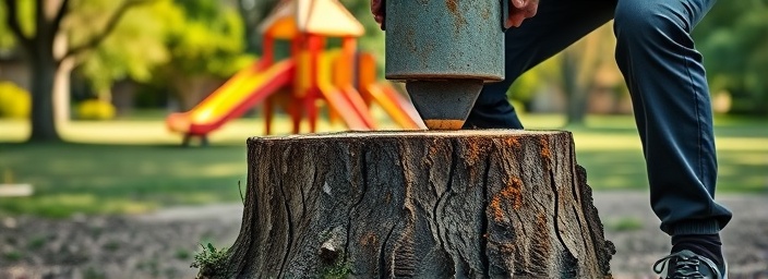 precise stump shaving, meticulous, leveling the stump, photorealistic, park setting with playground in the background, highly detailed, fine wood particles in the air, 4k resolution, vibrant colors, ambient daylight, shot with a 50mm lens