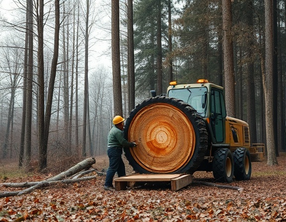 experienced team cutting down a large tree, coordinated effort, operating heavy machinery, photorealistic, wooded area with tall trees and fallen leaves, highly detailed, branches falling, muted autumn colors, overcast lighting, shot with an 85mm lens