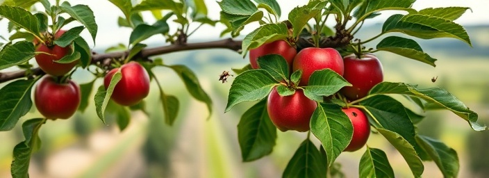 fruit-bearing apple tree, assessed for pest infestation, leaves being inspected, photorealistic, in an orchard with rolling hills, highly detailed, insects in the air, bright red apples, diffuse daylight, shot with a wide-angle lens.