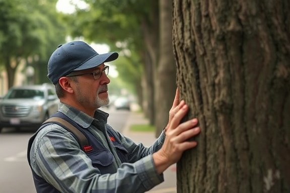 tree care specialist assessing tree health, thoughtful expression, inspecting bark, photorealistic, neighborhood street lined with trees and parked cars, highly detailed, subtle movements, natural greens and grays, soft ambient light, shot with a 24mm lens