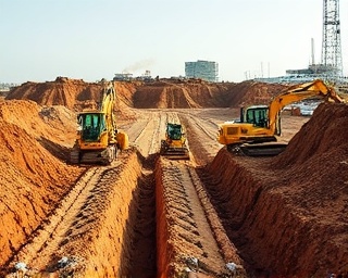 land excavation scene, backhoe loaders, digging trenches, photorealistic, construction zone with disturbed earth and infrastructure elements, highly detailed, exhaust fumes visible, 8K resolution, industrial colors, noon light, shot with a telephoto lens