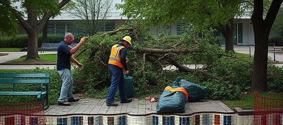 tree cleanup, determined workers, gathering debris, photorealistic, park area with benches and pathways, highly detailed, trash bags and tools visible, ISO 800, f/3.5, 1/250s, soft colors, evening light, shot with a 28mm lens.