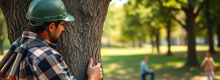 a tree surgeon, focused, checking tree health, photorealistic, urban park with children playing in the background, highly detailed, different textures of bark, high definition, mixed colors, filtered sunlight, shot with a 24-70mm zoom lens