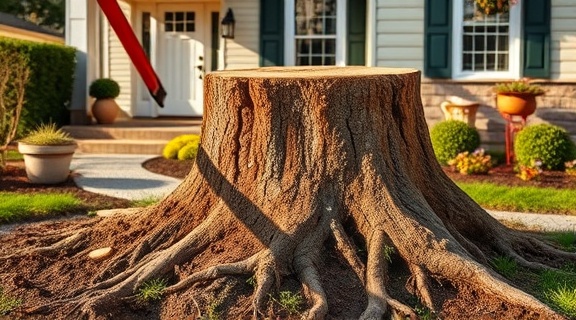 advanced stump removal, concentrated, uprooting a tree stump, photorealistic, residential front yard with garden decorations, highly detailed, roots and soil interaction, 5k resolution, warm colors, gentle afternoon light, shot with a 85mm lens