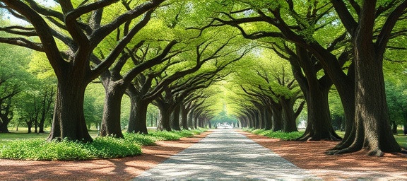 Ancient forest sanctuary, silent witness, chronicling the evolution of tree care history, photorealistic, surrounded by a tranquil park with gravel pathways, highly detailed, softly swaying branches, crystal clear quality, rich forest greens with contrasting path colors, midday bright sunlight, shot with a 24-70mm zoom lens.