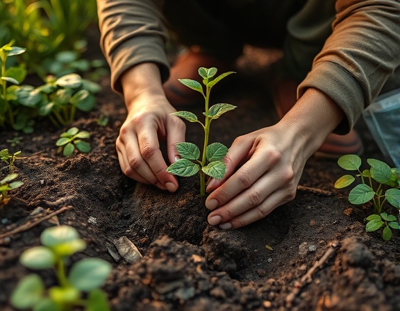 an environmentalist, content, planting a young sapling, photorealistic, community garden surrounded by various plants, highly detailed, soil texture and hands working, macro shot, earthy tones, golden hour light, shot with a 100mm macro lens