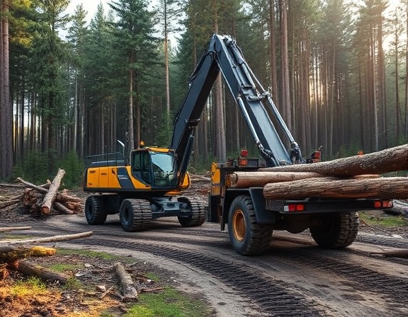 forest clearing machines, heavy excavator, hauling logs, photorealistic, dense forest background with fallen trees and machinery tracks, highly detailed, motion blur of swinging logs, HDR, green and brown palette, early morning sunlight, shot with a 24mm lens