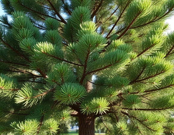 mature pine tree, undergoing health check, branches being pruned, photorealistic, in a suburban park, highly detailed, pine needles falling, deep green color, dappled sunlight, shot with a telephoto lens.