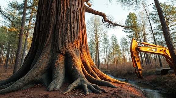 Tall Woodstock tree, serene, being uprooted, photorealistic, wooded area near a stream, highly detailed, excavator lifting roots, rich brown bark, golden hour lighting, shot with a wide-angle lens.