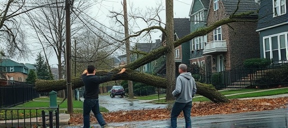 tree damage, distressed neighbors, inspecting broken branches, photorealistic, urban neighborhood with damaged car, highly detailed, leaves scattered, ISO 400, f/5.6, 1/200s, muted colors, overcast sky, shot with a 35mm lens.