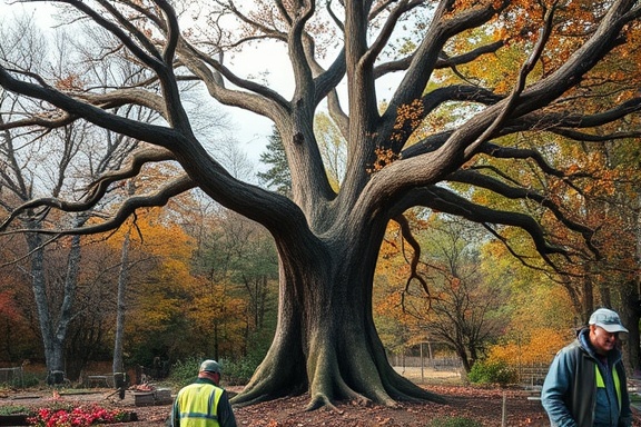 Dying Woodstock tree, melancholic, being sawed apart, photorealistic, community garden, highly detailed, workers in safety vests, autumn colors, diffused noon light, shot with a 24-70mm lens.