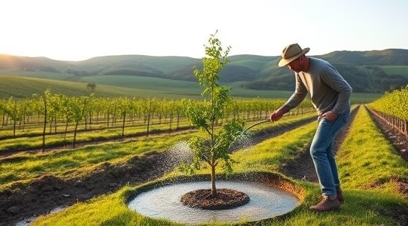 a conservationist, tranquil, watering a newly planted tree, photorealistic, rural farm with rolling hills in the background, highly detailed, gentle water splash, medium close-up, natural greens, morning light, shot with a 70-200mm lens