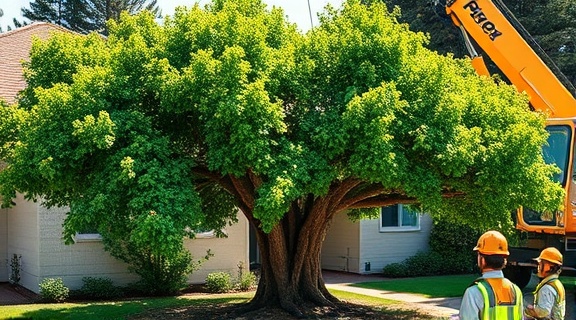 Sturdy Woodstock tree, peaceful, carried away by crane, photorealistic, residential backyard, highly detailed, crew in protective gear, bright green and yellow, sunny day lighting, shot with an 85mm lens.