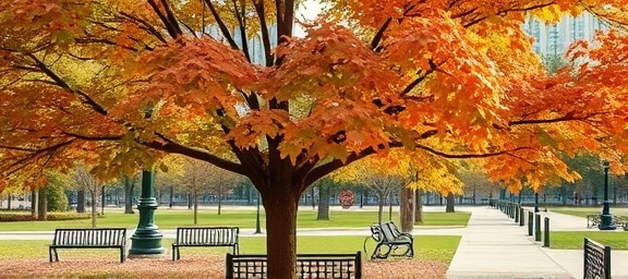 old maple tree, meticulous, being carefully pruned, photorealistic, city park with benches and walking paths, highly detailed, occasional birds, vivid leaf color, morning light, shot with a 35mm prime lens