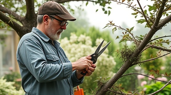 tree surgeon performing intricate tree pruning, calm demeanor, utilizing hand shears, photorealistic, botanical garden with various plants and flowers, highly detailed, soft breezes, pastel hues, diffused sunlight, shot with a 50mm lens