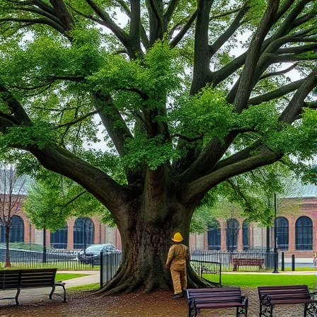 Gnarled Woodstock tree, resigned, prepared for removal, photorealistic, city park with benches, highly detailed, workers marking tree, deep green leaves, cloudy day lighting, shot with a macro lens.