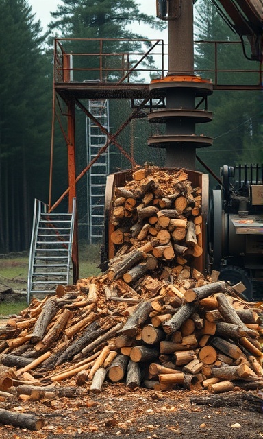 industrial tree grinding, intense, churning wood, photorealistic, rural area with dense trees, highly detailed, debris scattering around, 8k resolution, shades of brown and green, overcast lighting, shot with a macro lens