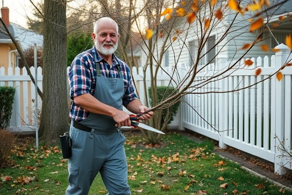 a professional gardener, determined, trimming branches with clippers, photorealistic, suburban backyard with a white picket fence, highly detailed, scattered leaves on the ground, full-frame shot, vibrant colors, afternoon light, shot with a 35mm lens