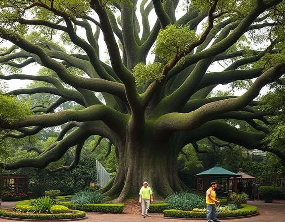 Sprawling Woodstock tree, dignified, trimmed down, photorealistic, botanical garden, highly detailed, horticulturists working, various shades of green, cool morning mist, shot with a 50mm prime lens.