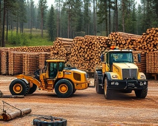 logging machines at work, sawmill equipment, processing logs, photorealistic, forest clearing with stacked logs and machinery, highly detailed, wood chips scattering, ultra-high definition, rustic hues, overcast daylight, shot with a 35-105mm lens