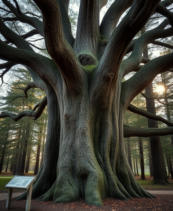 Gnarled venerable tree, steadfast and strong, sharing deep forestry history, photorealistic, within a protected forest area with interpretive signs, highly detailed, subtle movements in the canopy, super crisp, muted natural palette, early morning rays, shot with a 24mm wide-angle lens.