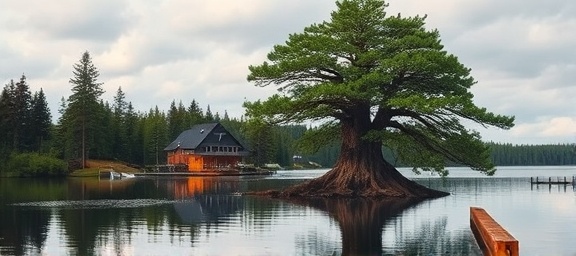 Robust Woodstock tree, silent, being logged, photorealistic, lakeside property, highly detailed, reflections in water, rich green and rustic brown, overcast with sunbreaks, shot with a prime lens.