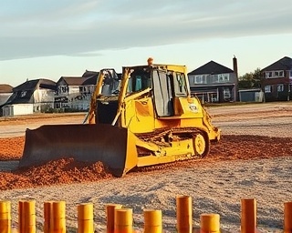 bulldozer in action, clearing site, leveling ground, photorealistic, suburban area with newly cleared patches and houses in the distance, highly detailed, dirt flying from the blade, 16K resolution, neutral earth colors, late afternoon shadows, shot with a 80mm lens