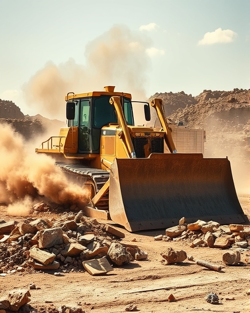 land bulldozer, powerful machinery, breaking ground, photorealistic, construction site with partially cleared land and rubble, highly detailed, dynamic clouds of dust and dirt, ultra-high definition, muted earth colors, mid-afternoon sunlight, shot with a 50mm lens