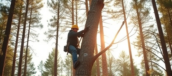 tree cutting, focused worker, operating a crane, photorealistic, in a forest clearing with tall trees around, highly detailed, branches falling, ISO 200, f/4, 1/1000s, earthy tones, strong sunlight, shot with a 50mm prime lens.